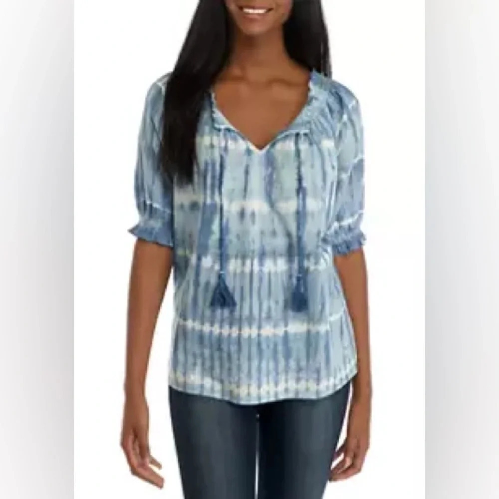 IN Studio Women's Embellished‎ Puff Sleeve blue tie dye peasant top 1X